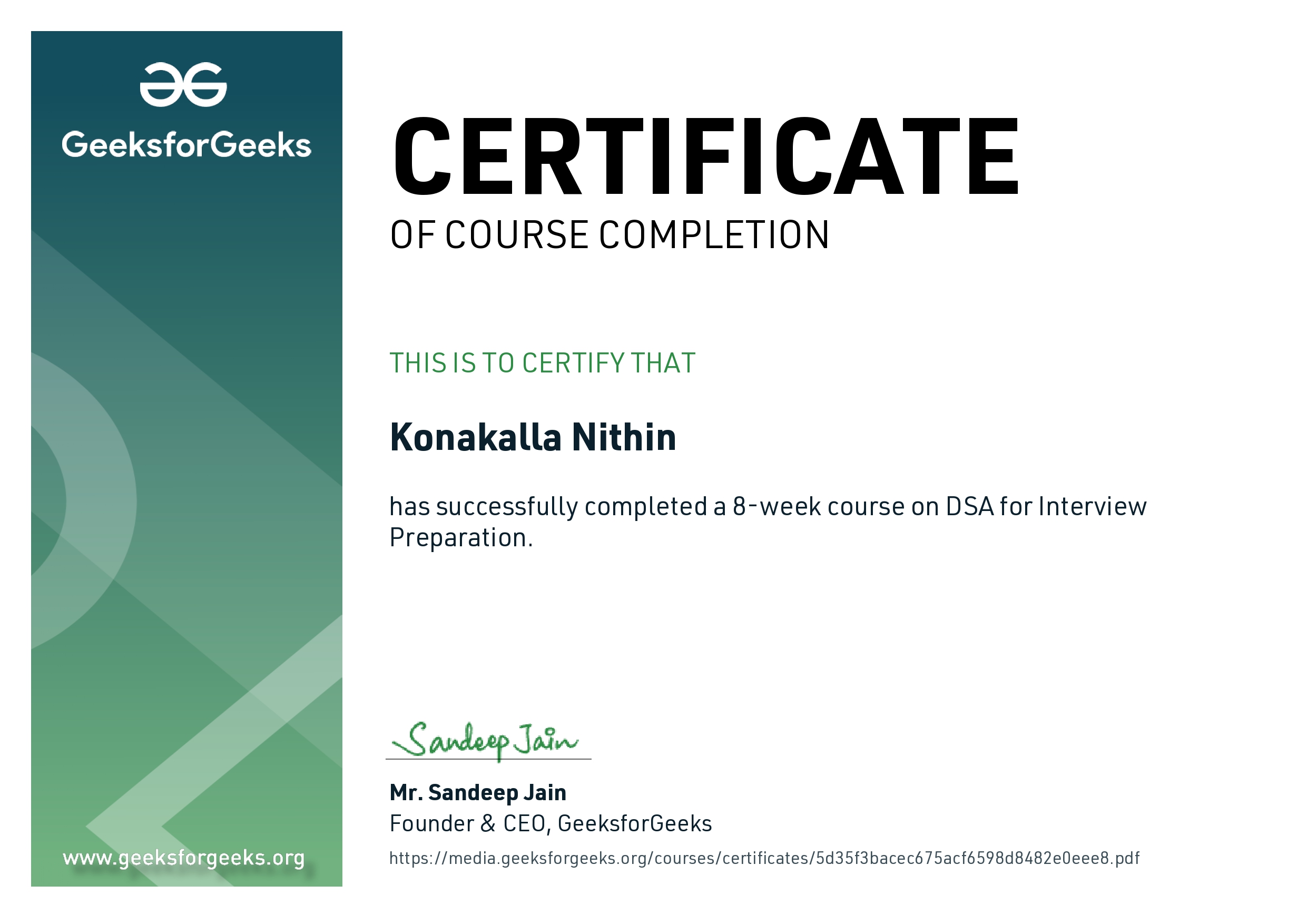 DSA Course Completion certificate